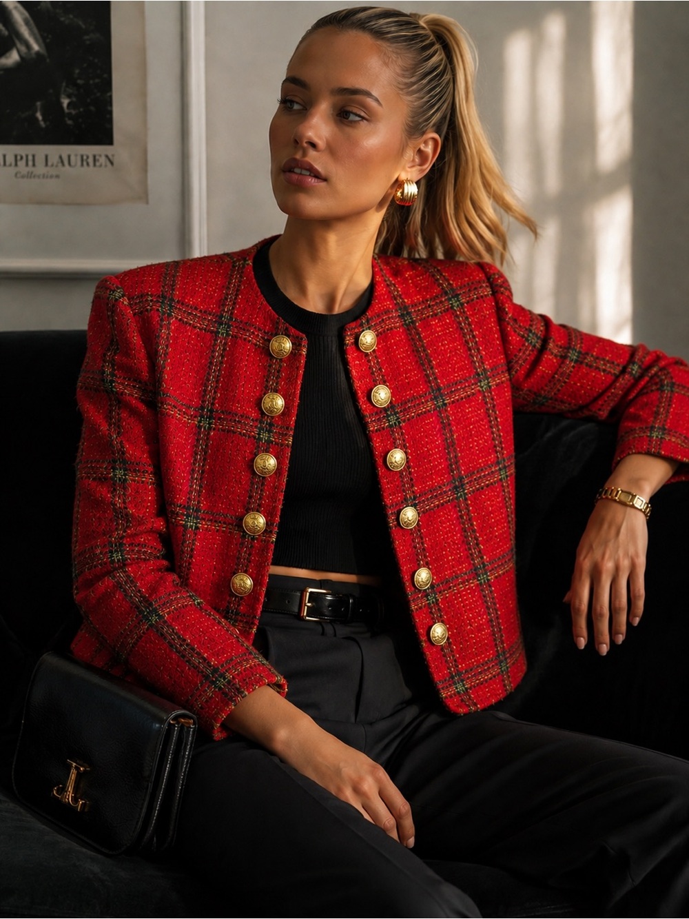 Linda Allard - Ellen Tracy Wool Red Plaid Bouclé Blazer with Gold Chain Buttons